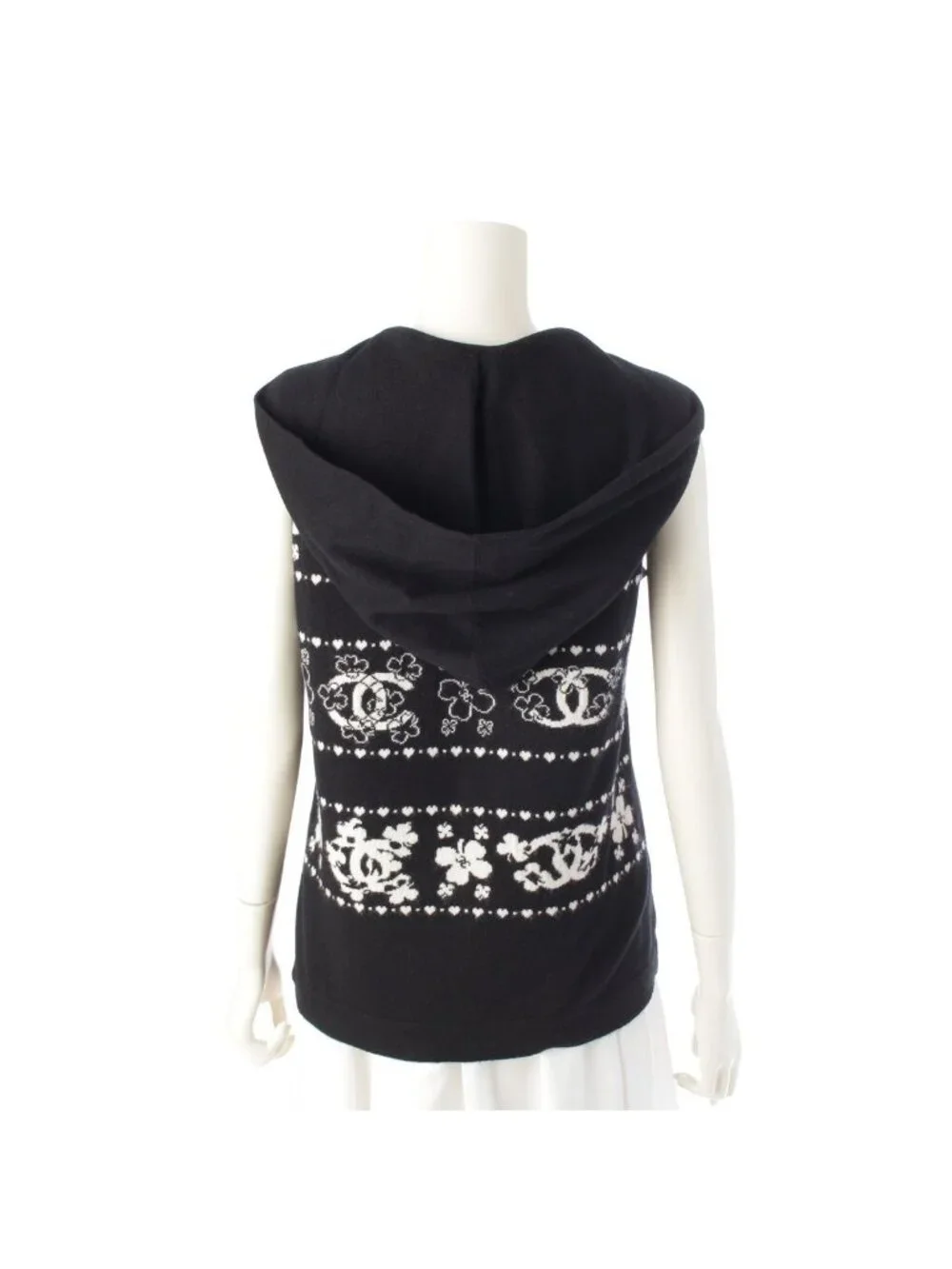 Chanel Cashmere Cotton CC Logo Clover Hoodie Knit Vest Top Black White 38